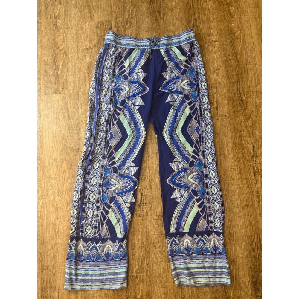 Cynthia Rowley Blue Boho Wide Leg Rayon Pants Size M Geometric Print Drawstring